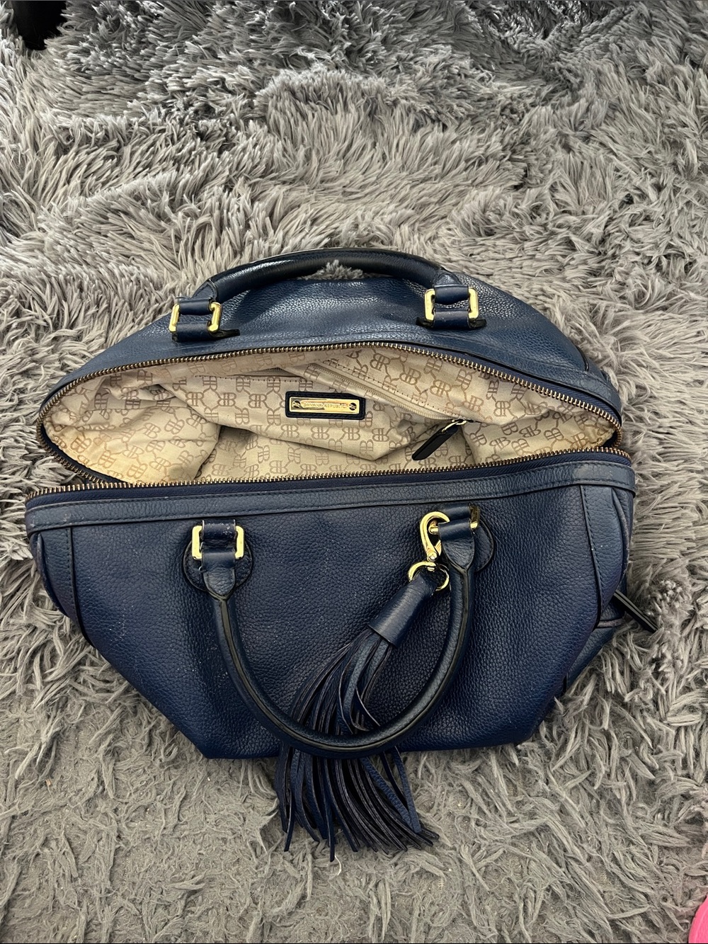 Banana Republic Navy Leather Satchel with Tassel and Gold Hardware